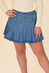 Wide Waistband Pleated Denim Mini Skirt