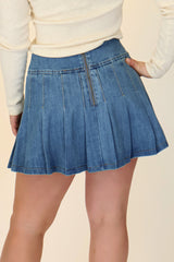 Wide Waistband Pleated Denim Mini Skirt