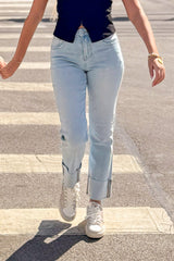 High-Rise Straight Jeans with Rolled Hem