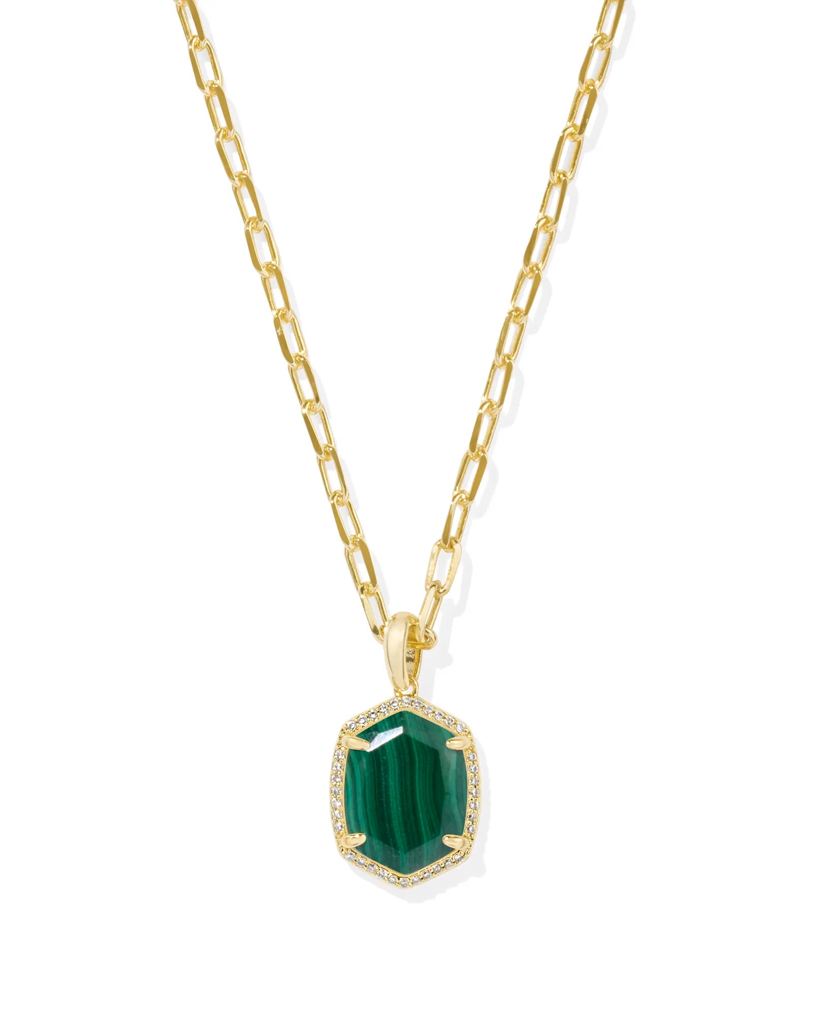 Daphne Gold Pave Frame Pendant Necklace - Green Malachite