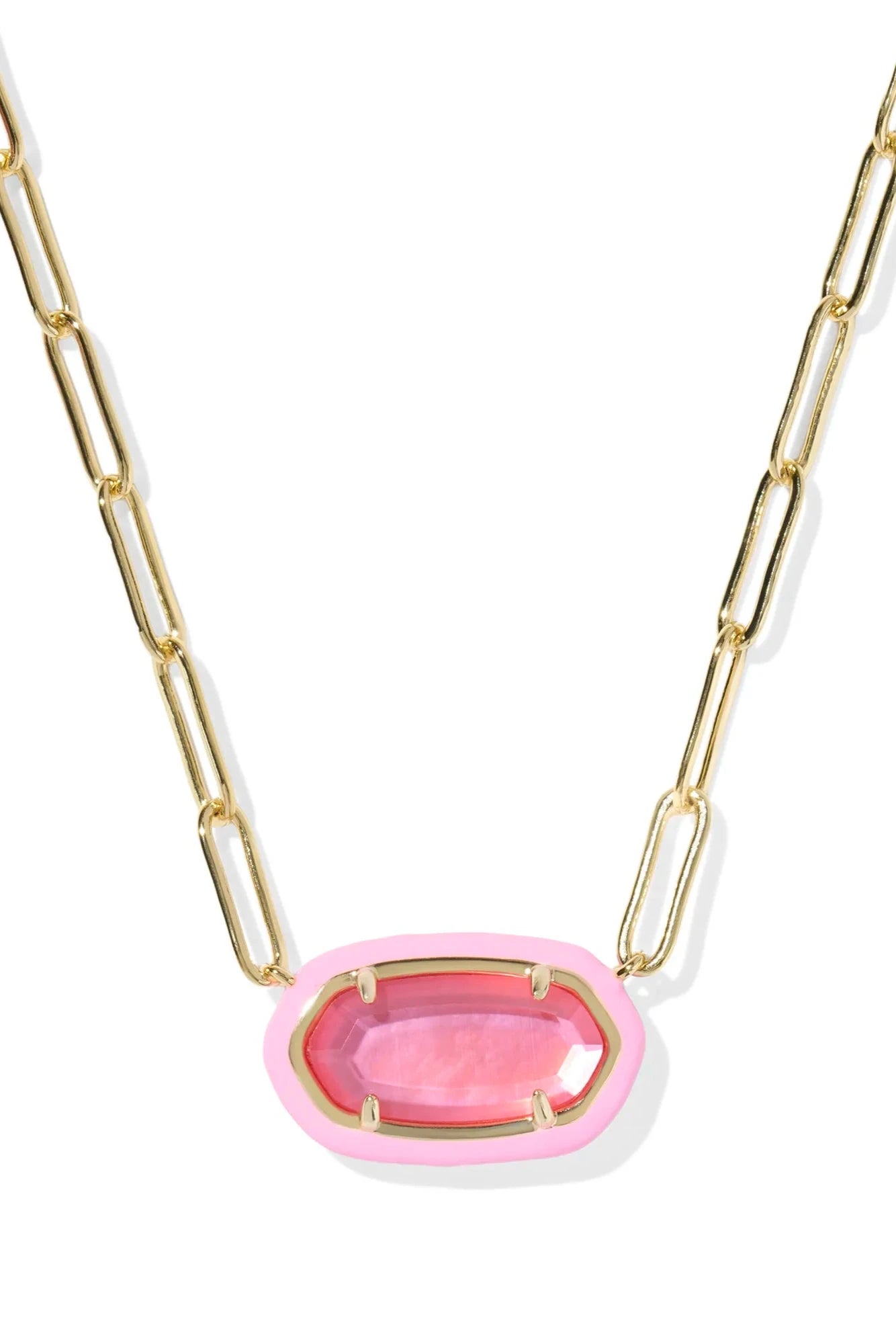 Elisa Enamel Frame Gold Paperclip Necklace - Pink