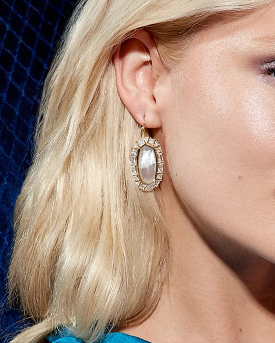 Elle Gold Crystal Frame Drop Earrings - Ivory Mother-of-Pearl