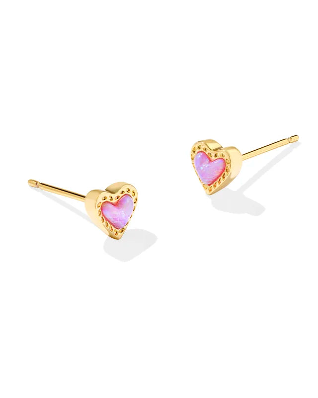 Mini Ari Heart Gold Stud Earrings - Bubblegum Opal