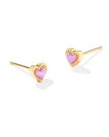 Mini Ari Heart Gold Stud Earrings - Bubblegum Opal