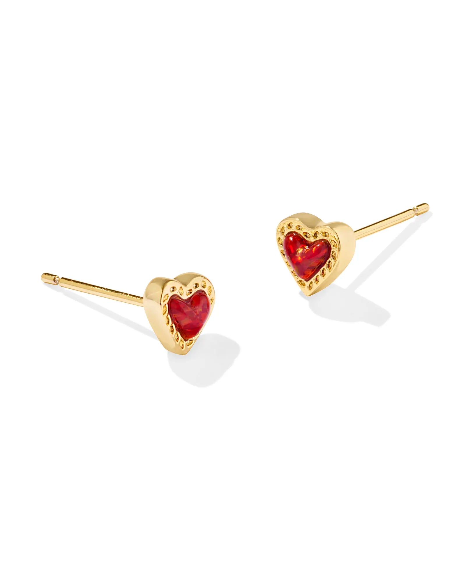 Mini Ari Heart Gold Stud Earrings - Red Kyocera Opal