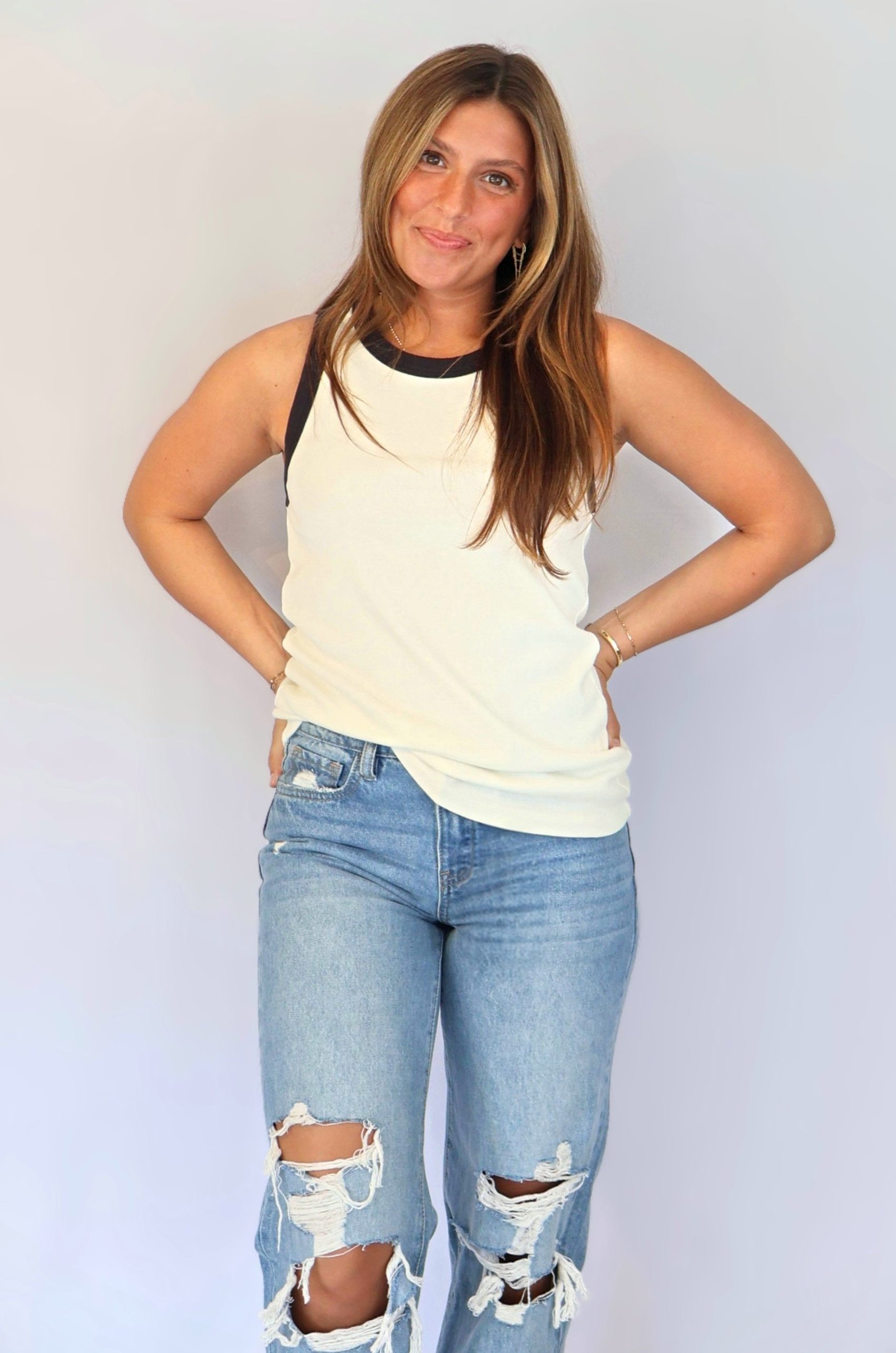 Contrast Rib Tank - White