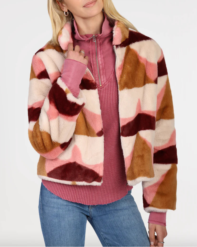 Faux Fur Geometric Print Bomber Jacket