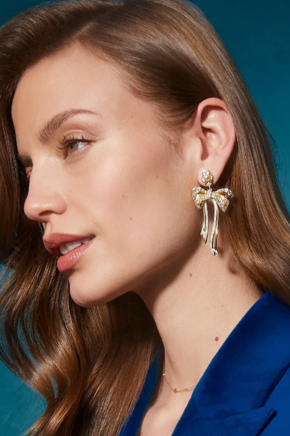 Krista Bow Gold Statement Drop Earrings - White Crystal