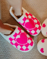 Hot Pink Heart Checker Fuzzy Slippers
