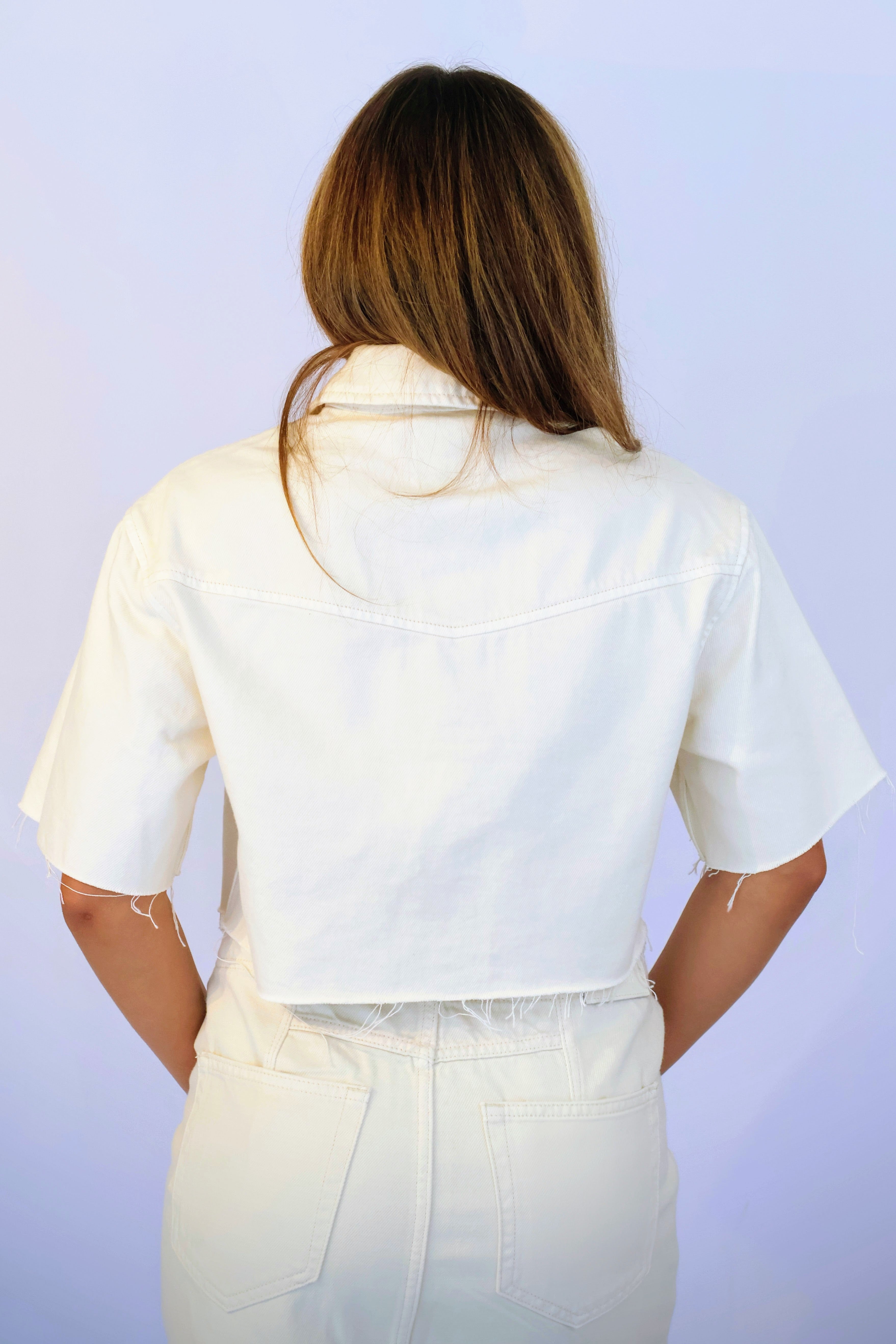 18" Long Boxy Cropped Denim Shirt