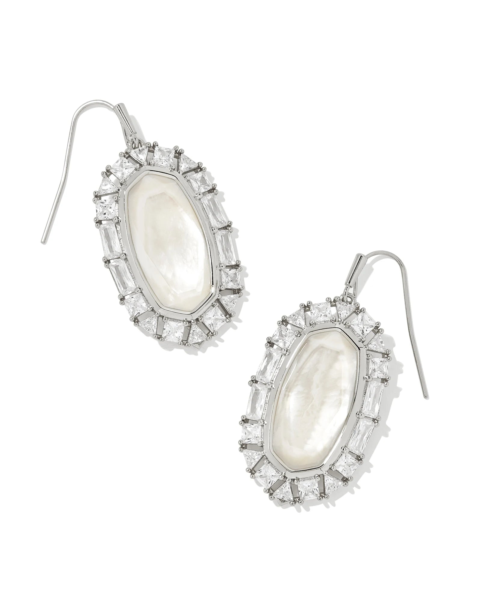 Elle Rhodium Crystal Frame Drop Earrings - Ivory Mother-of-Pearl