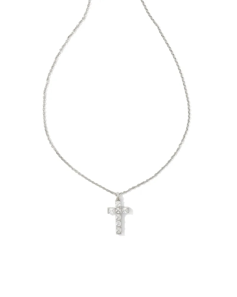 Gracie Rhodium Cross Pendant Necklace - White Crystal
