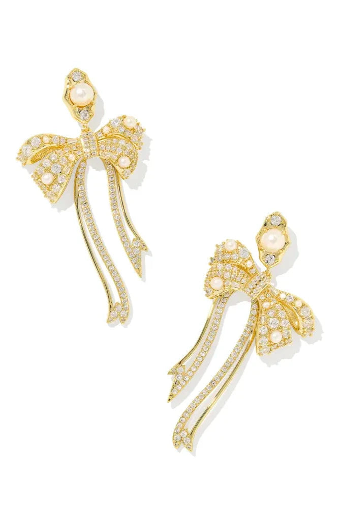 Krista Bow Gold Statement Drop Earrings - White Crystal