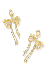 Krista Bow Gold Statement Drop Earrings - White Crystal