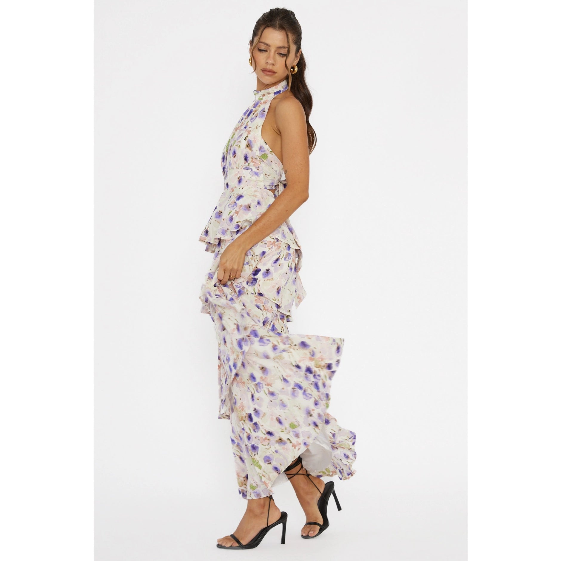 Halter Tiered Floral Watercolor Maxi Dress