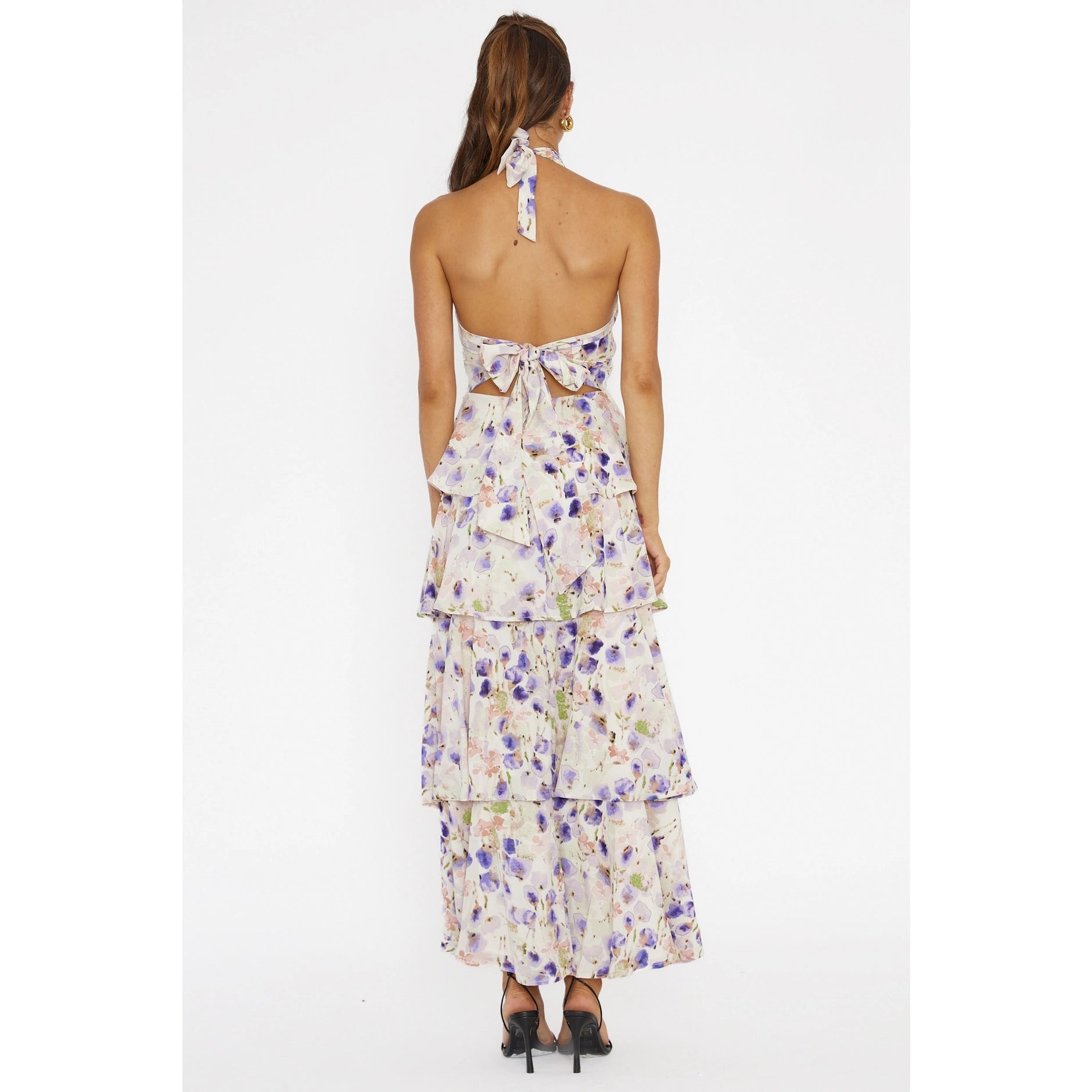 Halter Tiered Floral Watercolor Maxi Dress