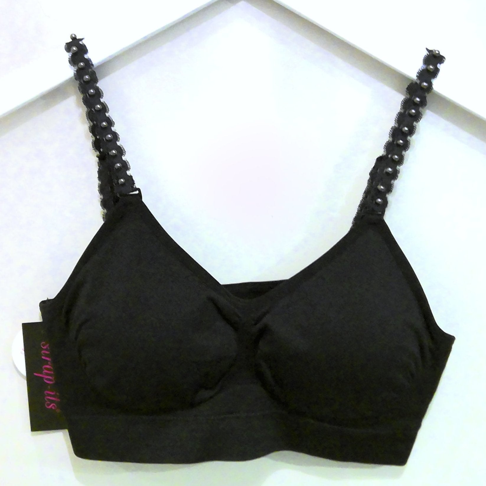 Black Bra Black Strap W/Black Pearls