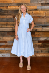 Button Down Shirt Style Midi Dress with Piping Detail