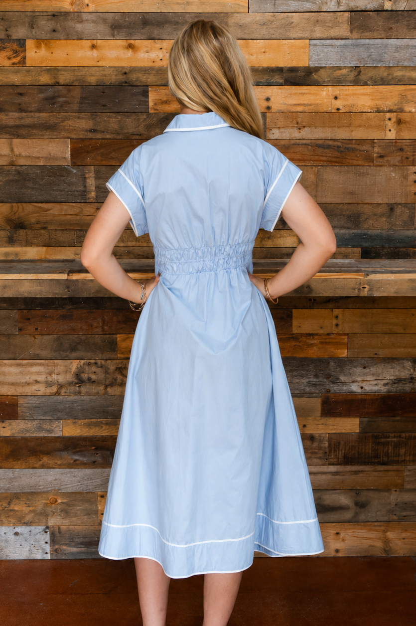 Button Down Shirt Style Midi Dress with Piping Detail