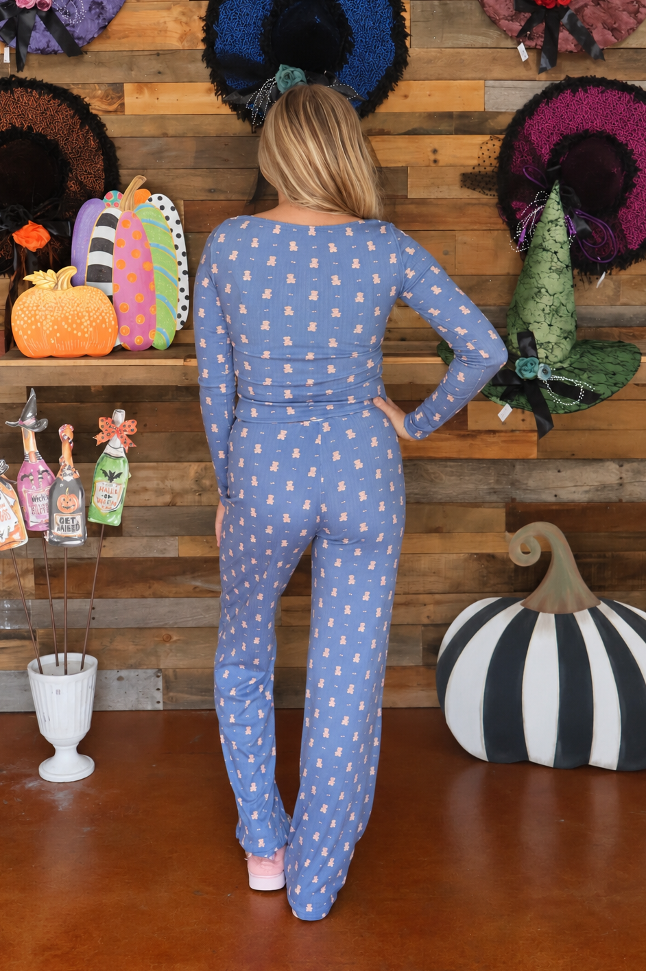 Crewneck Teddy Bear Print Pointelle Lounge Set