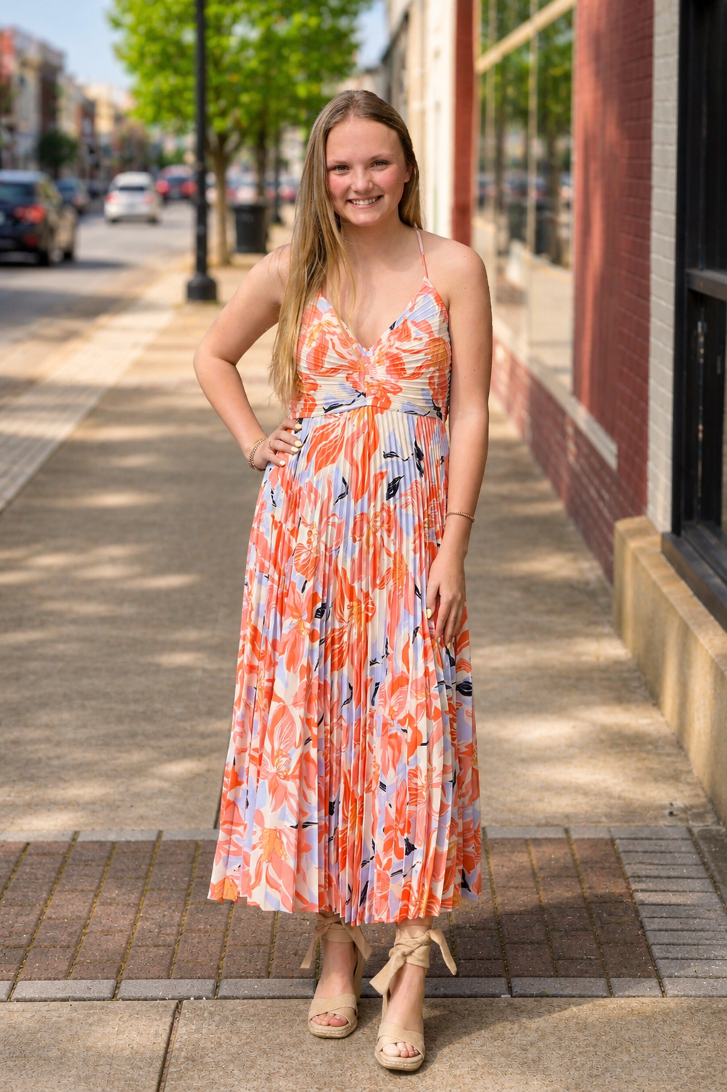 Blythe Midi Dress - Orange Blue Floral