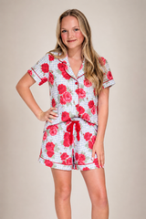 Short Sleeve Top & Short PJ Set with Velvet Tie - Red Roses