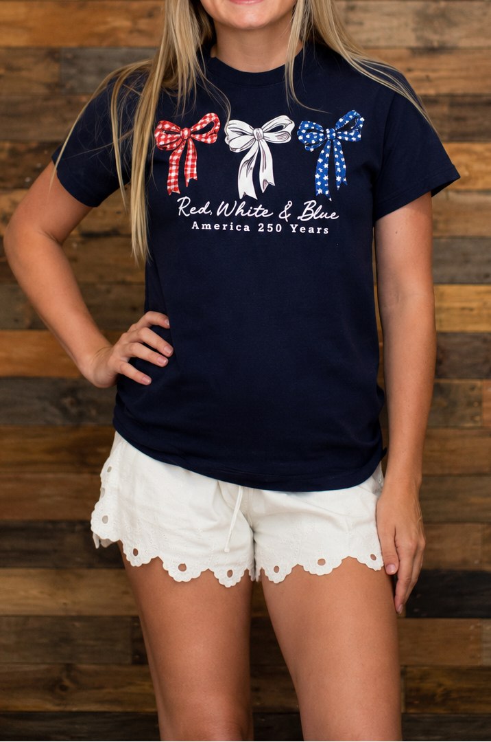 Red White & Blue Coquette Bows Graphic Tee USA Patriotic