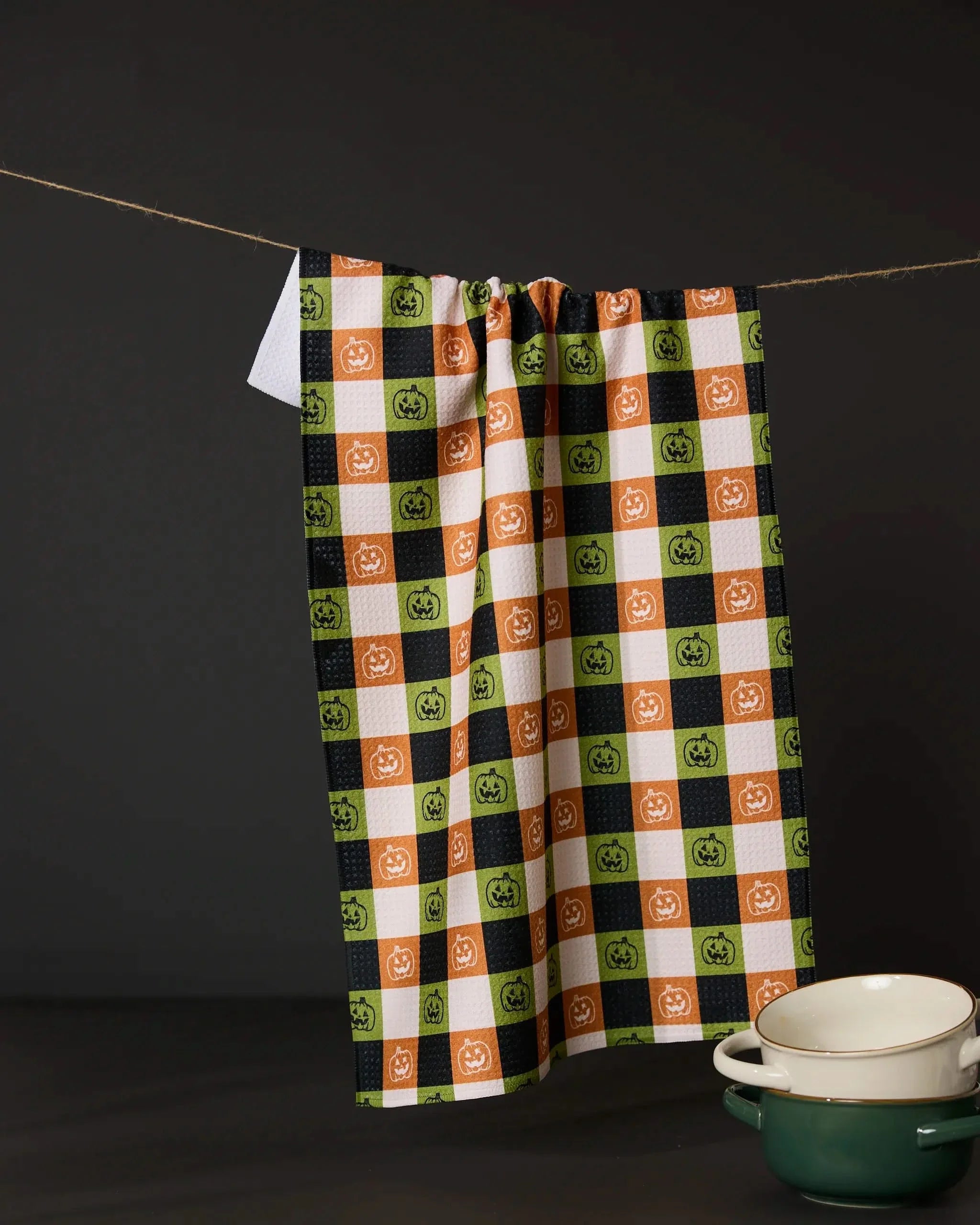 Jack-O-Lantern Checker Tea Towel