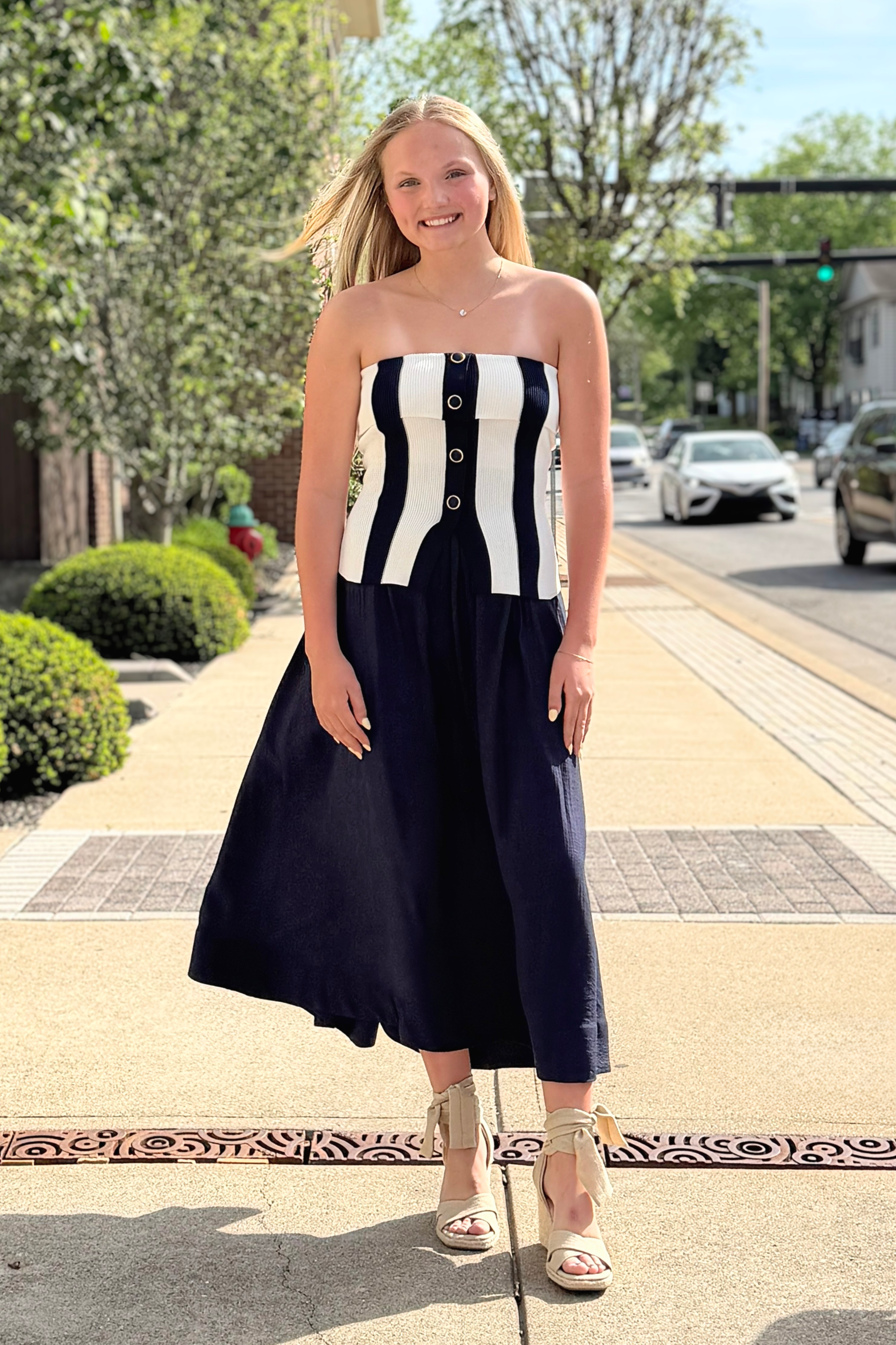 Fold Over Tube Top Striped Midi Dress