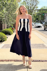 Fold Over Tube Top Striped Midi Dress
