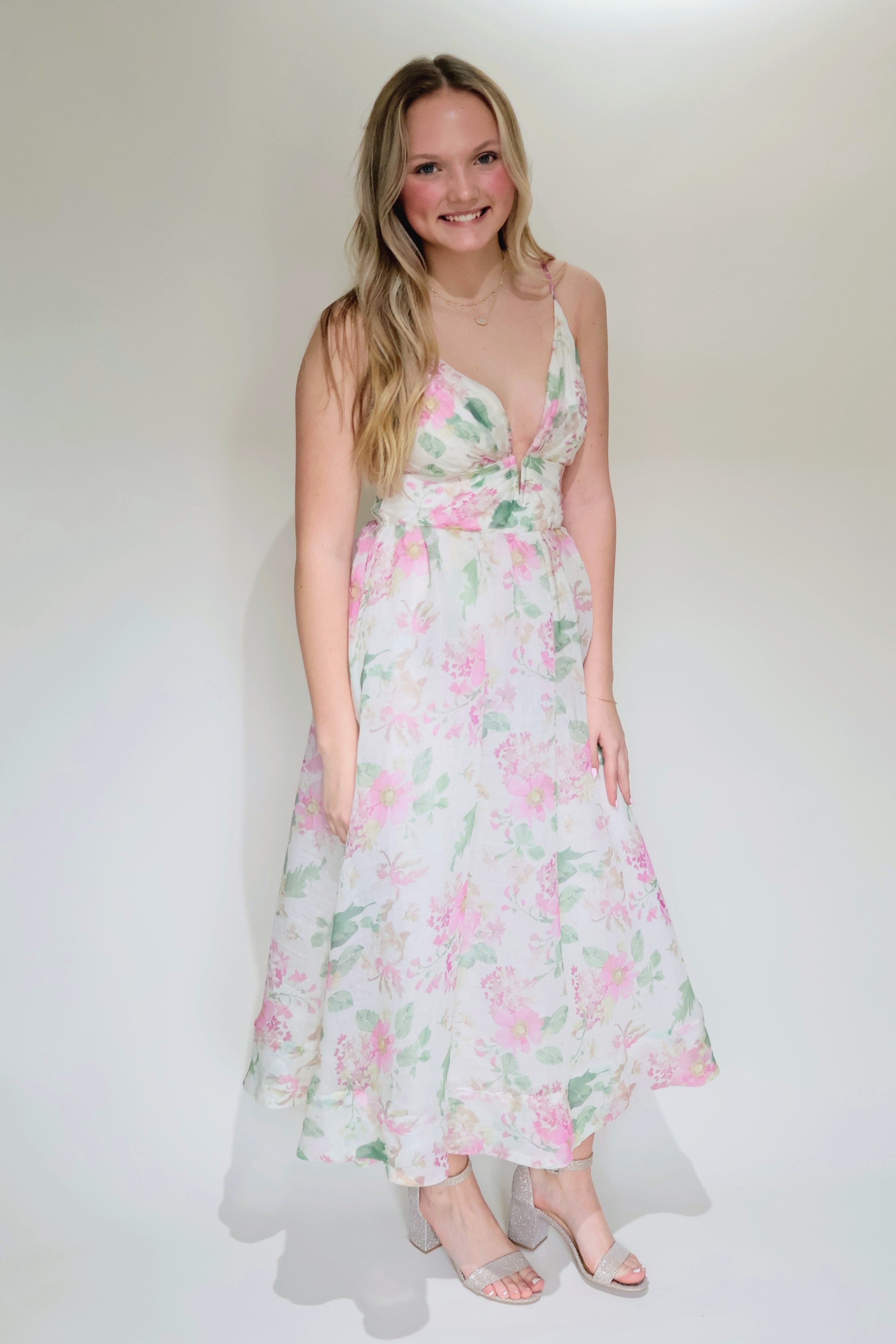Janna Floral Spaghetti Strap Tea Length Dress