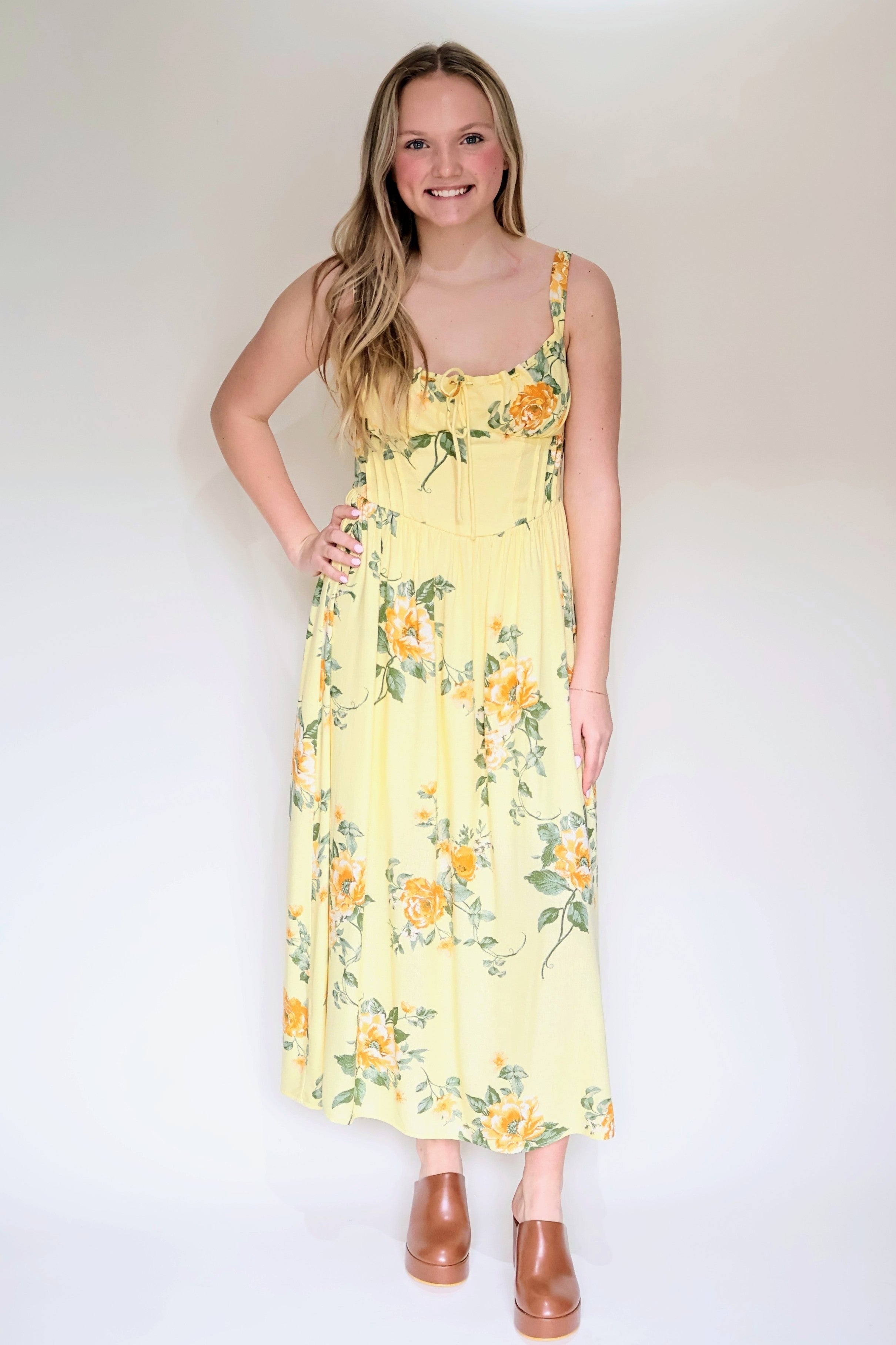 Sleeveless Corset Detail Floral Print Midi Dress