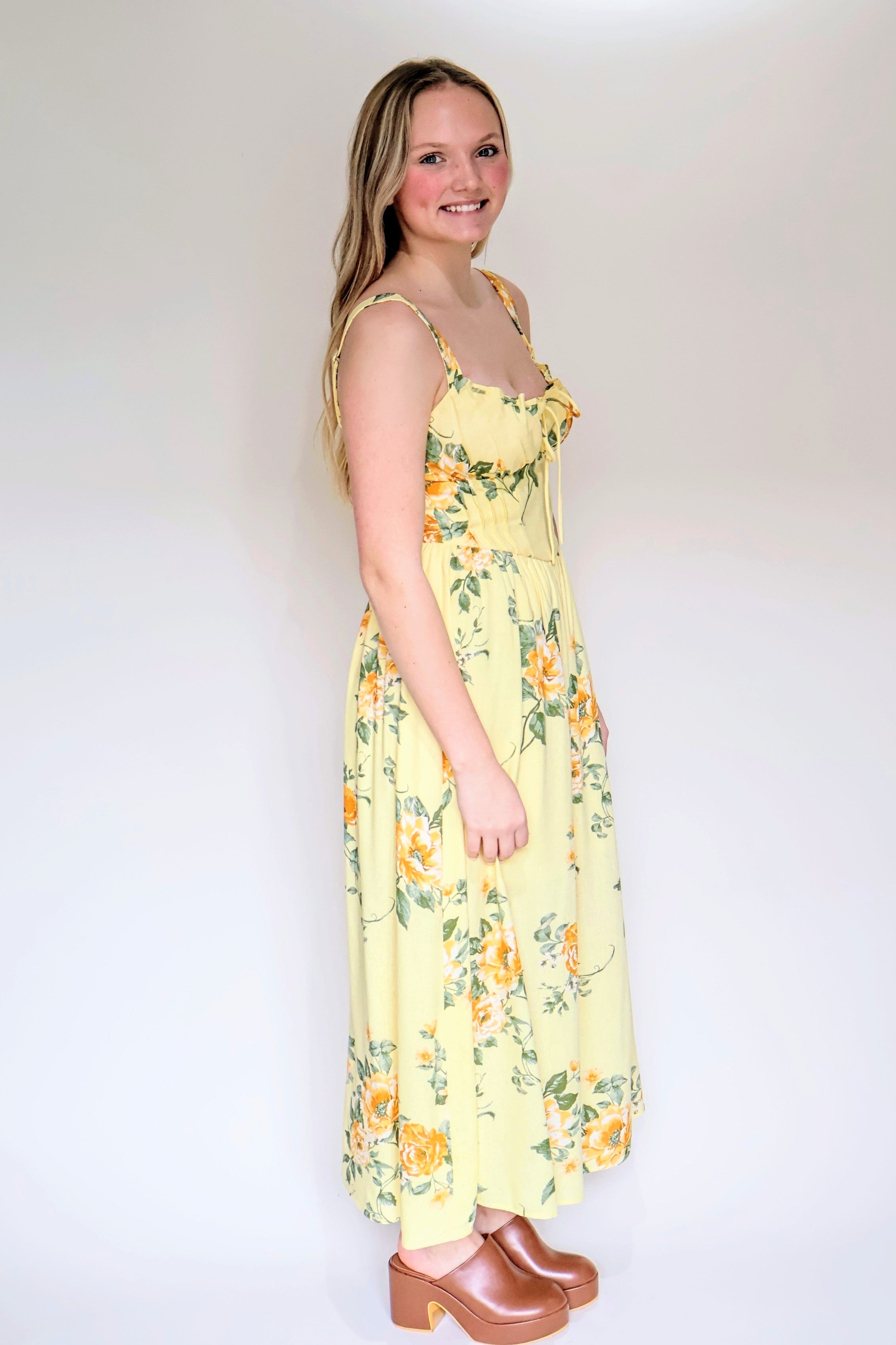 Sleeveless Corset Detail Floral Print Midi Dress