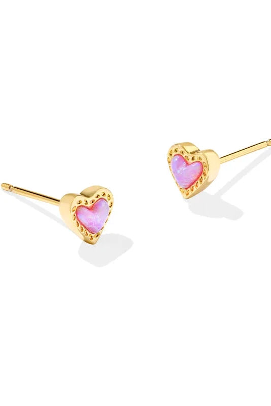 Mini Ari Heart Gold Stud Earrings - Bubblegum Opal