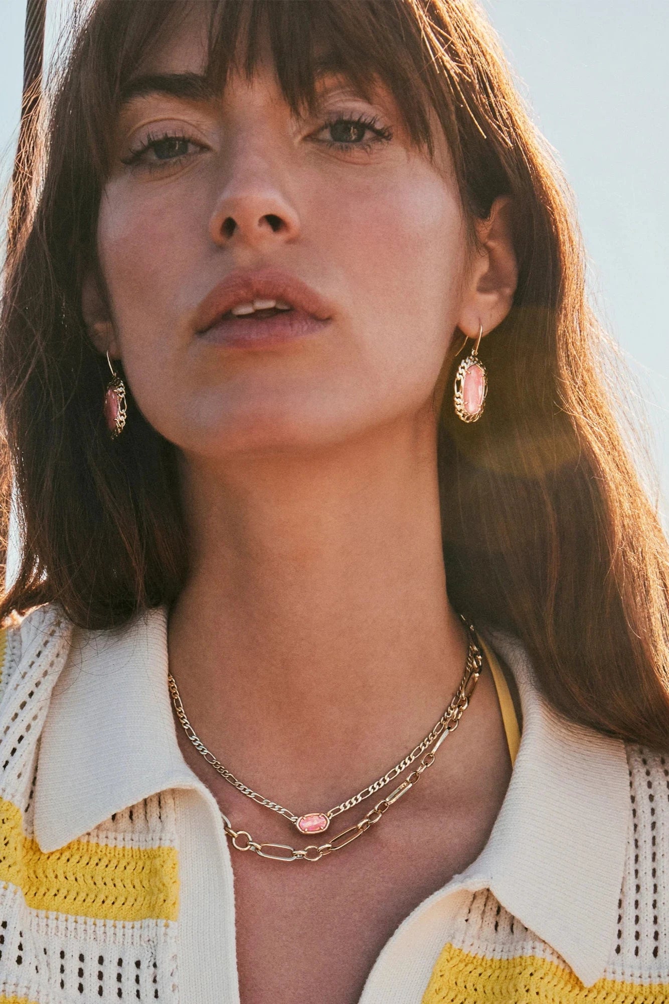 Elisa Gold Figaro Chain Short Pendant Necklace-Pink