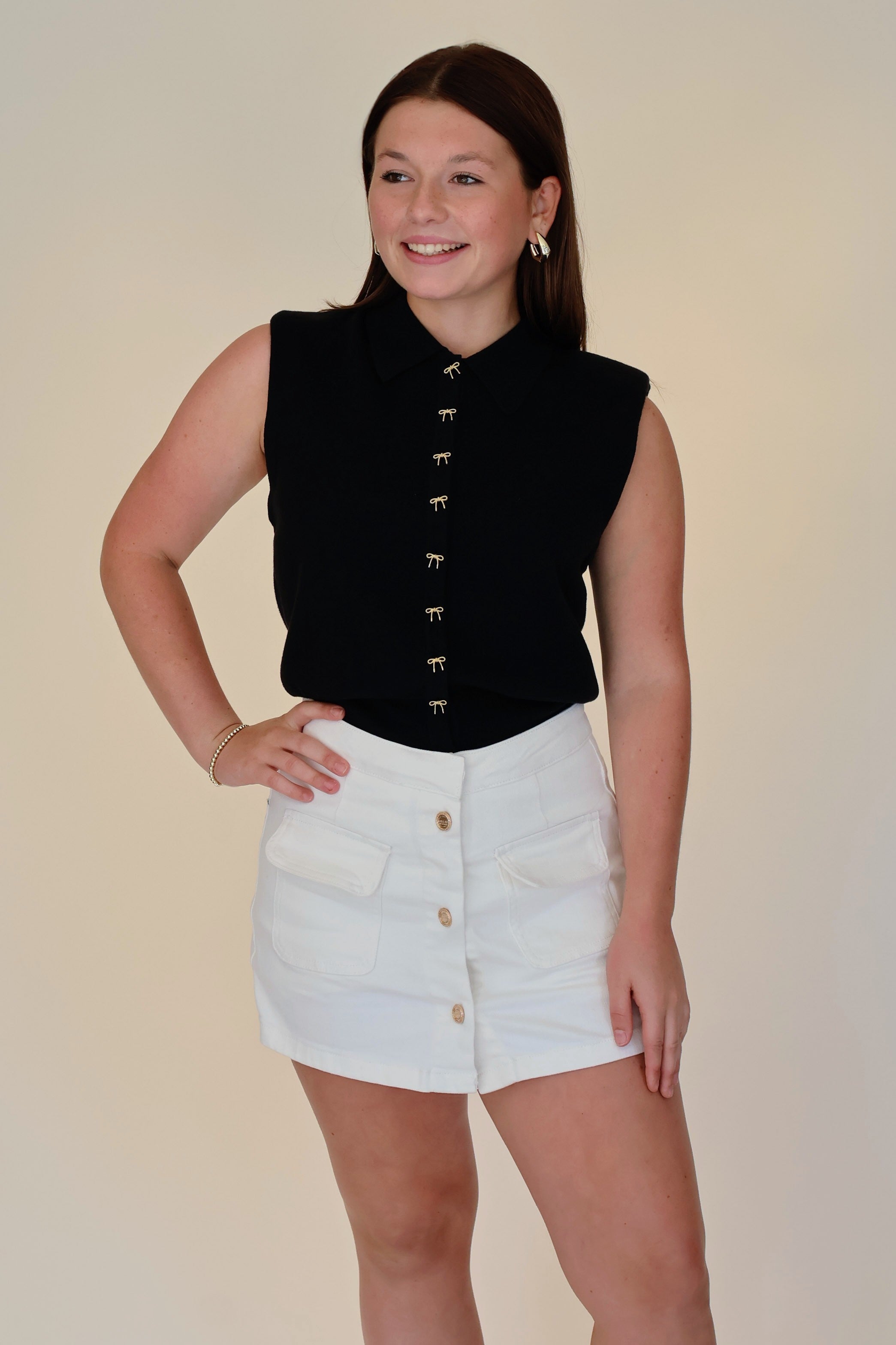 Kori Bow Button Detail Sweater Top - Black