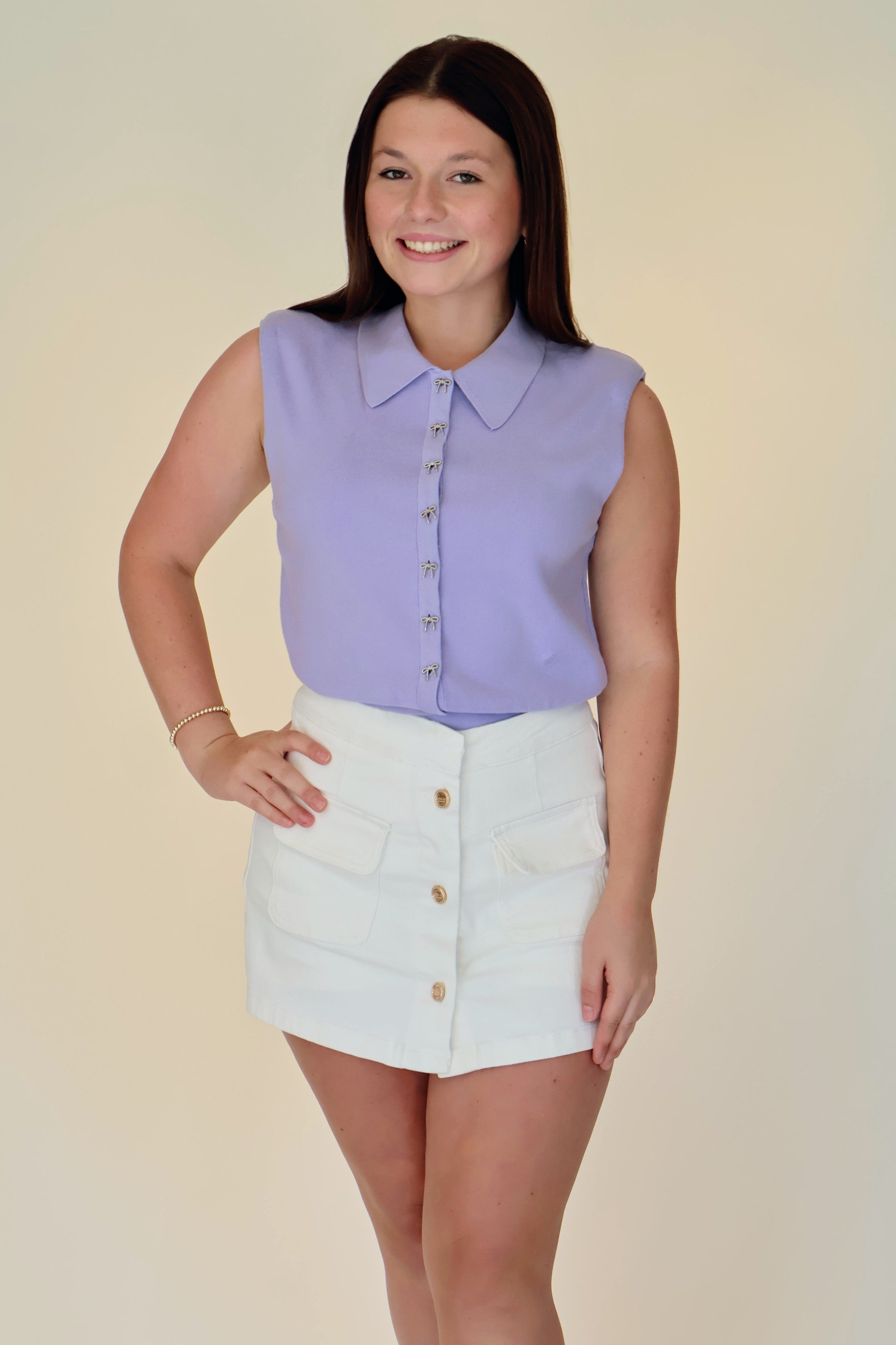 Kori Bow Button Detail Sweater Top - Periwinkle