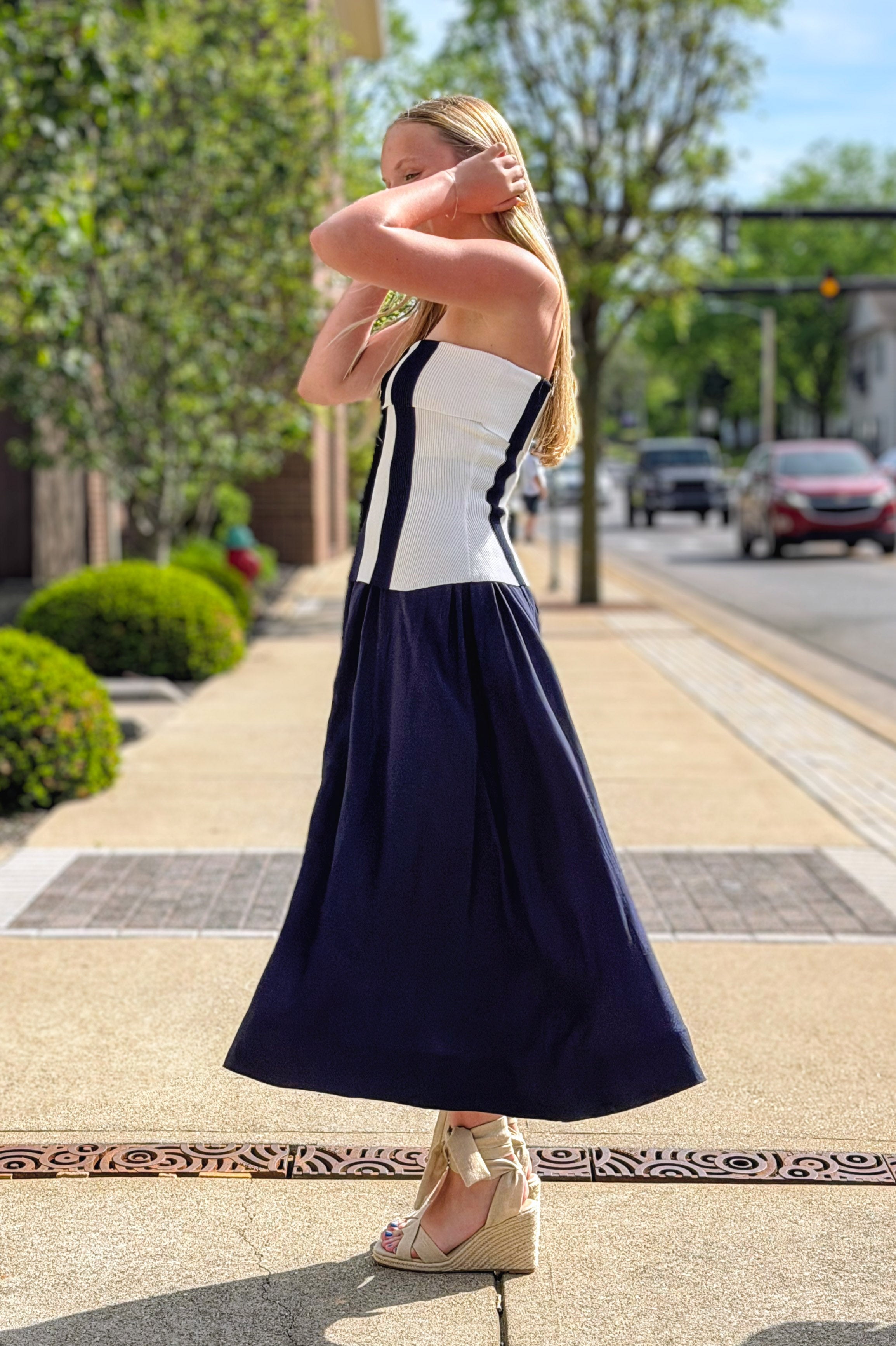 Fold Over Tube Top Striped Midi Dress