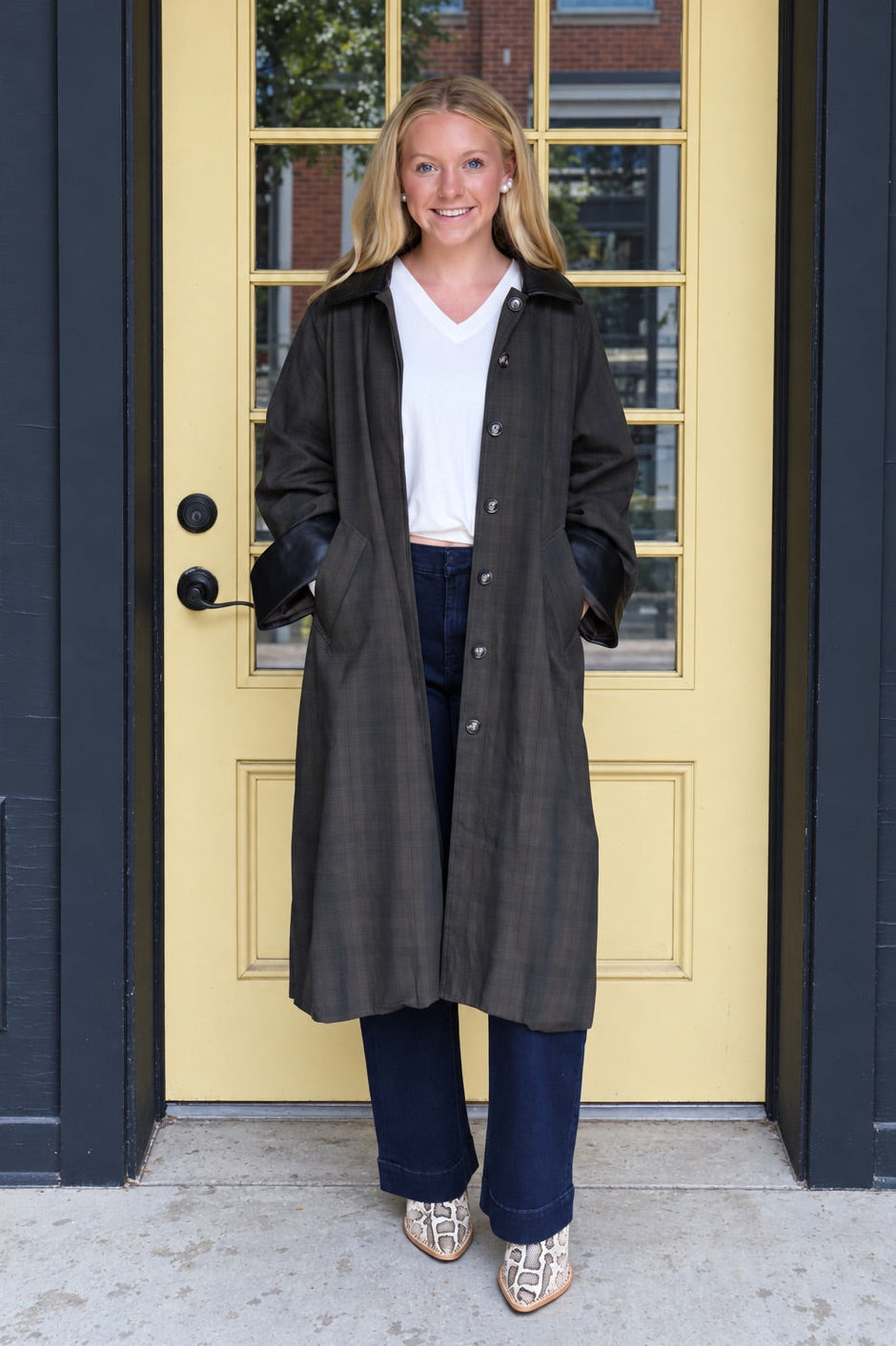 Contrast Faux Leather Collar Plaid Coat
