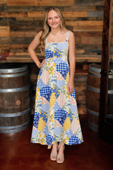Multi-Pattern Patchwork Ric Rac Trim Detail Midi Dress