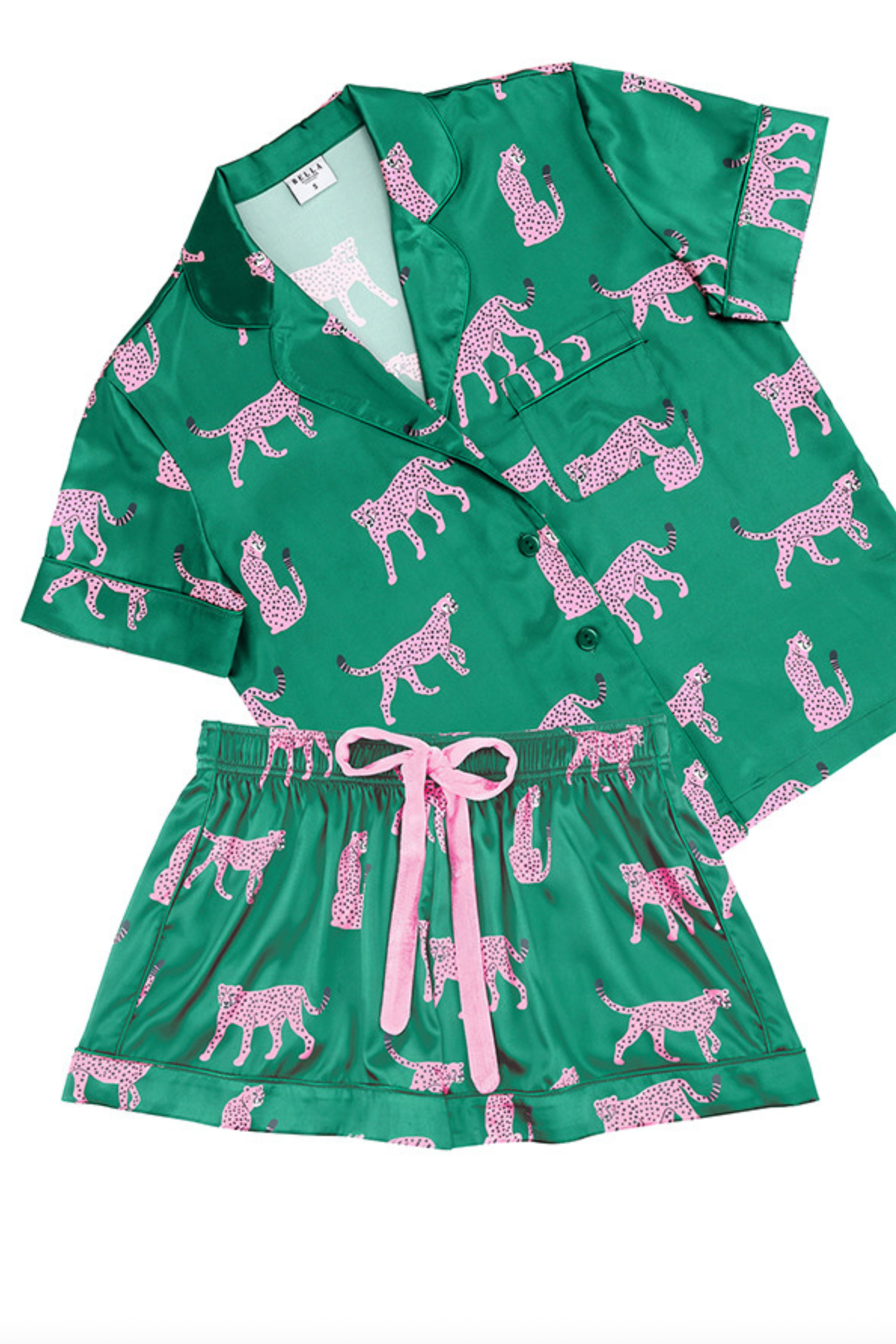 Short Sleeve Top & Shorts PJ Set with Velvet Tie - Cheetahs