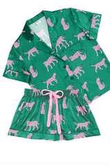 Short Sleeve Top & Shorts PJ Set with Velvet Tie - Cheetahs