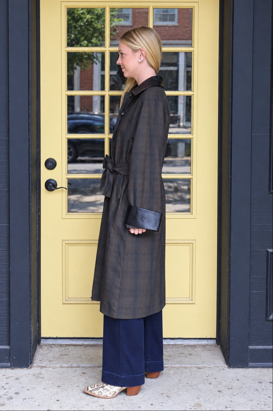 Contrast Faux Leather Collar Plaid Coat