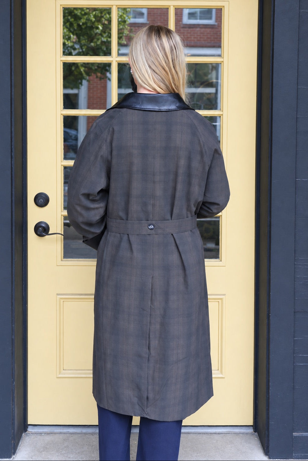 Contrast Faux Leather Collar Plaid Coat