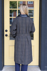 Contrast Faux Leather Collar Plaid Coat