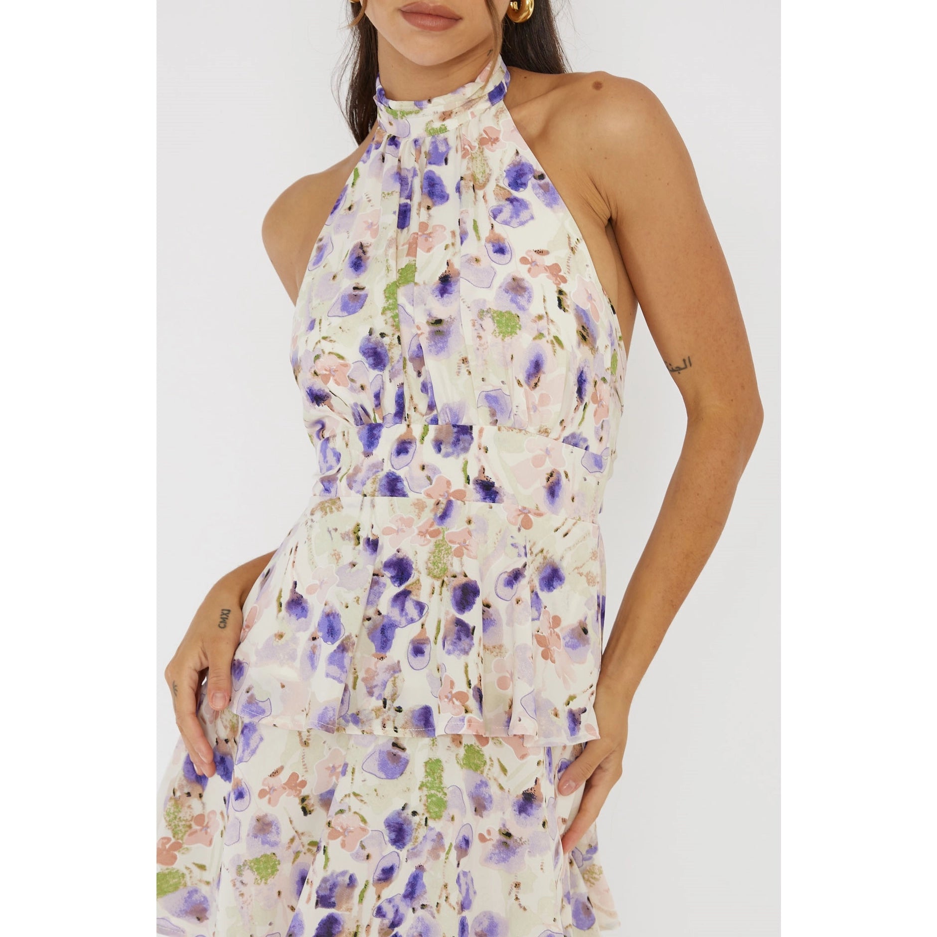 Halter Tiered Floral Watercolor Maxi Dress