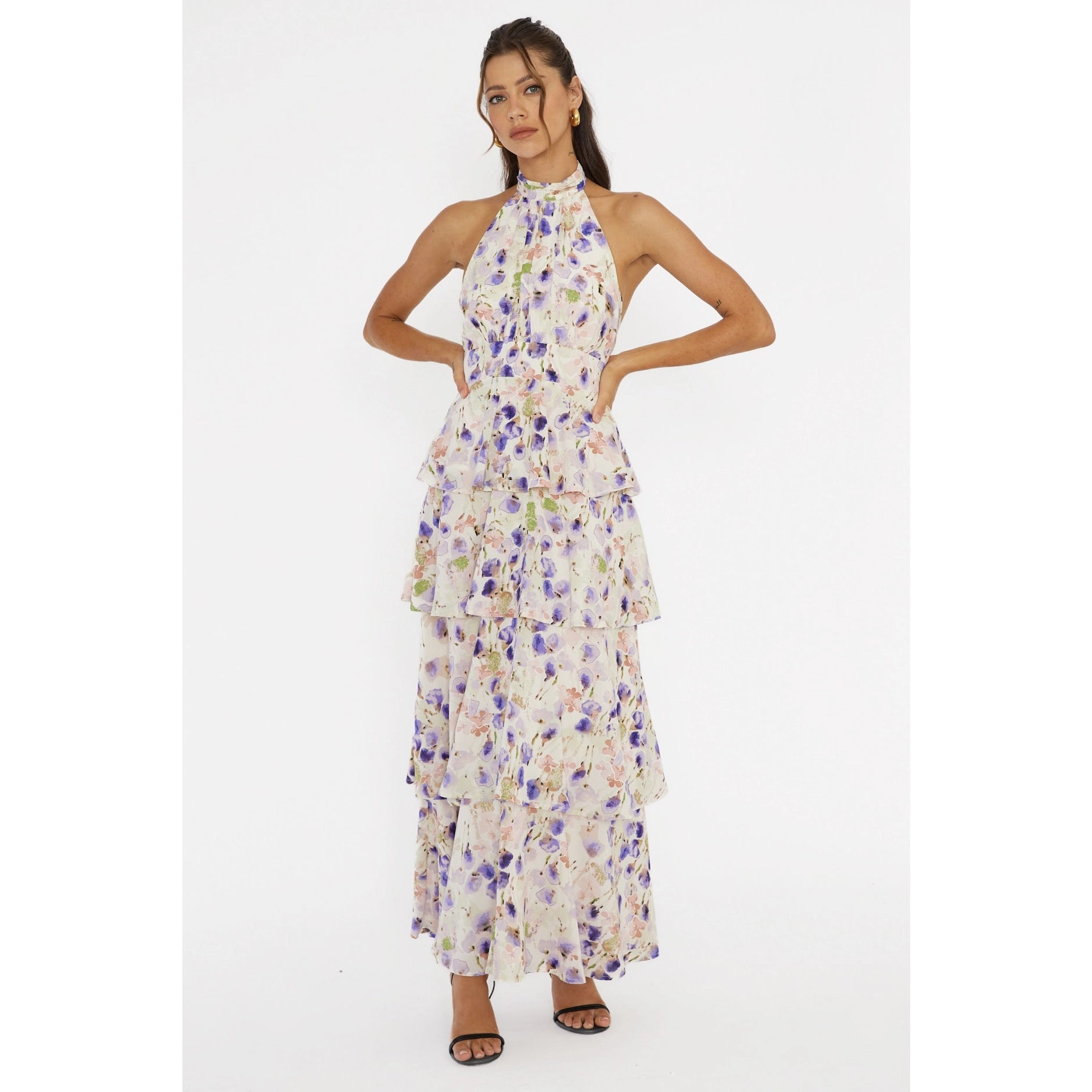 Halter Tiered Floral Watercolor Maxi Dress
