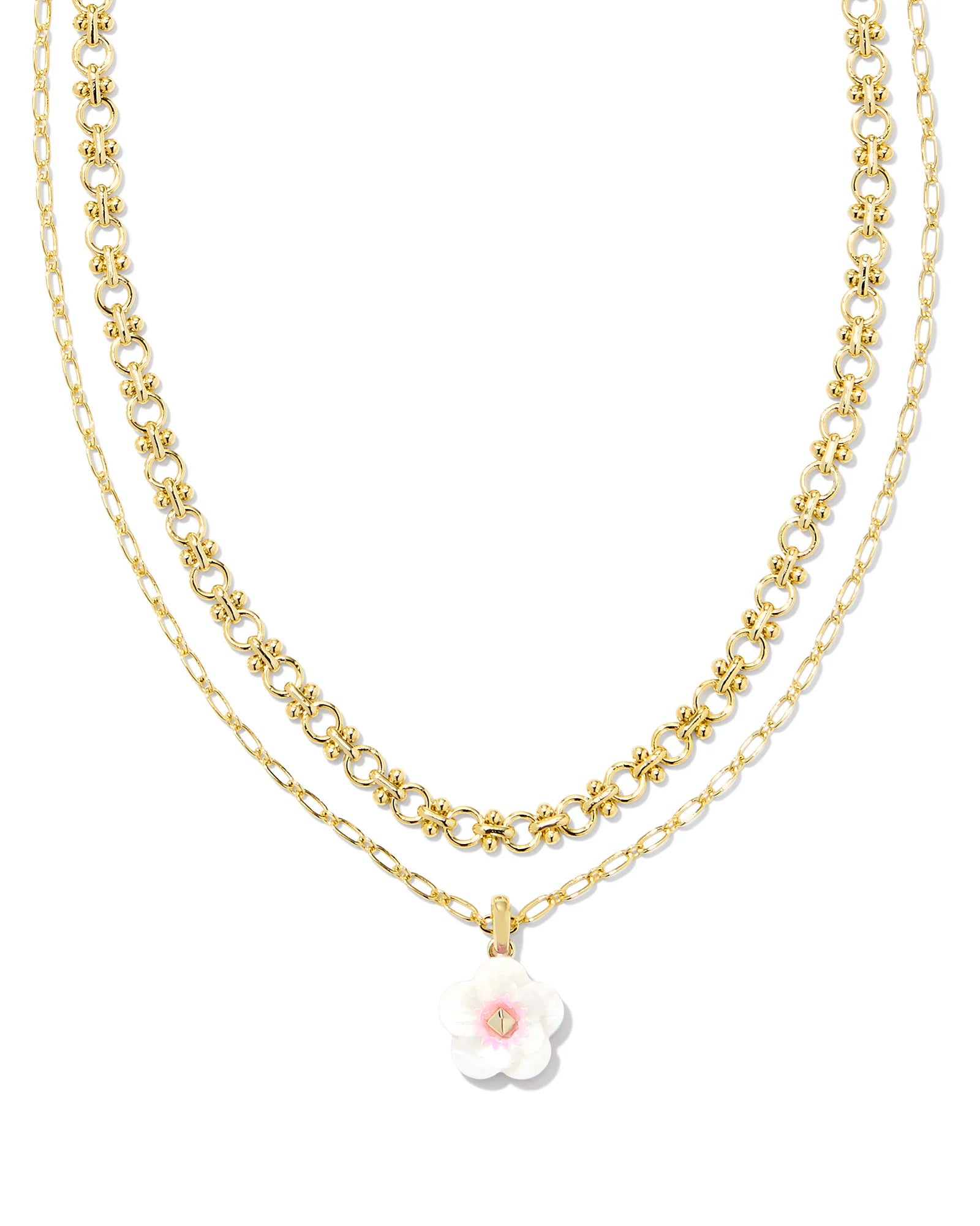Deliah Gold Multi Strand Necklace-Iridescent Pink & White