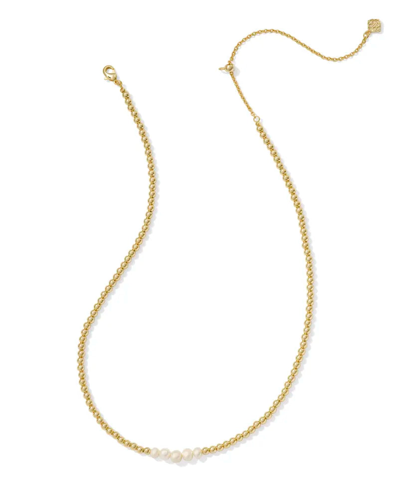 Eve Gold Beaded Strand Necklace-White Pearl