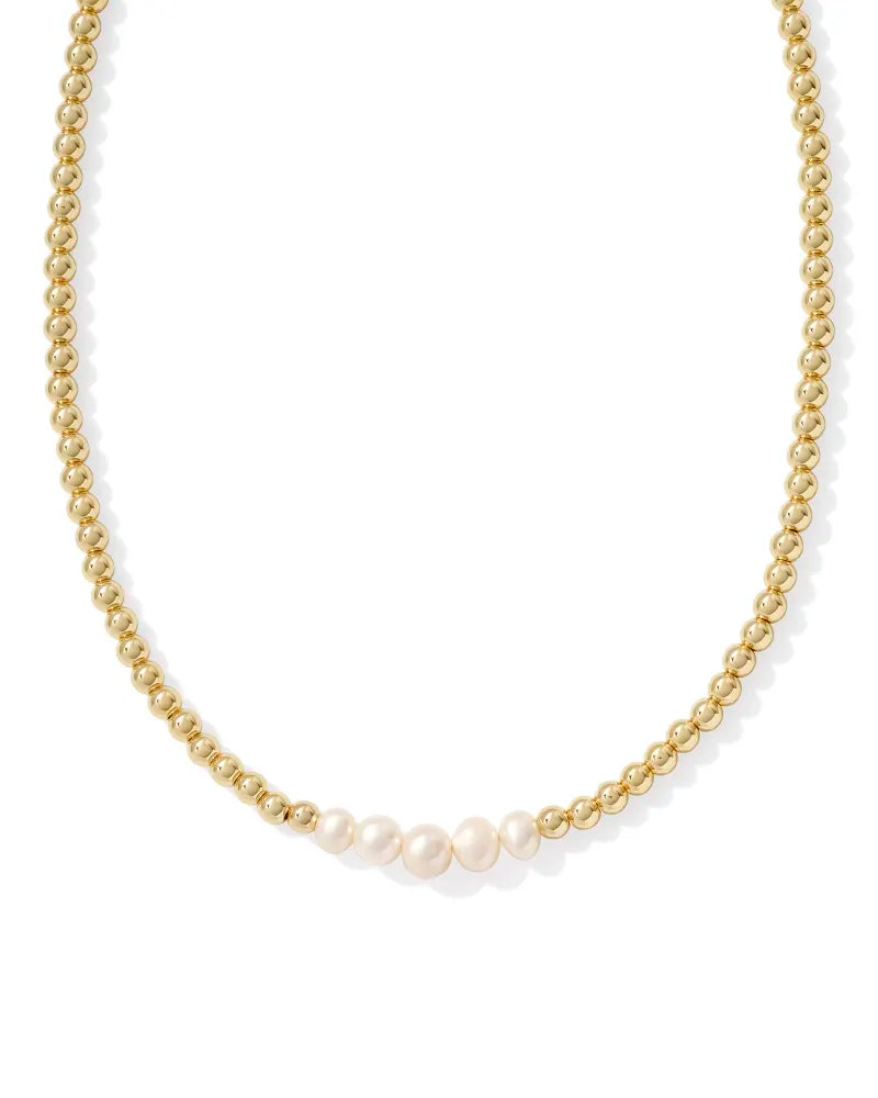Eve Gold Beaded Strand Necklace-White Pearl